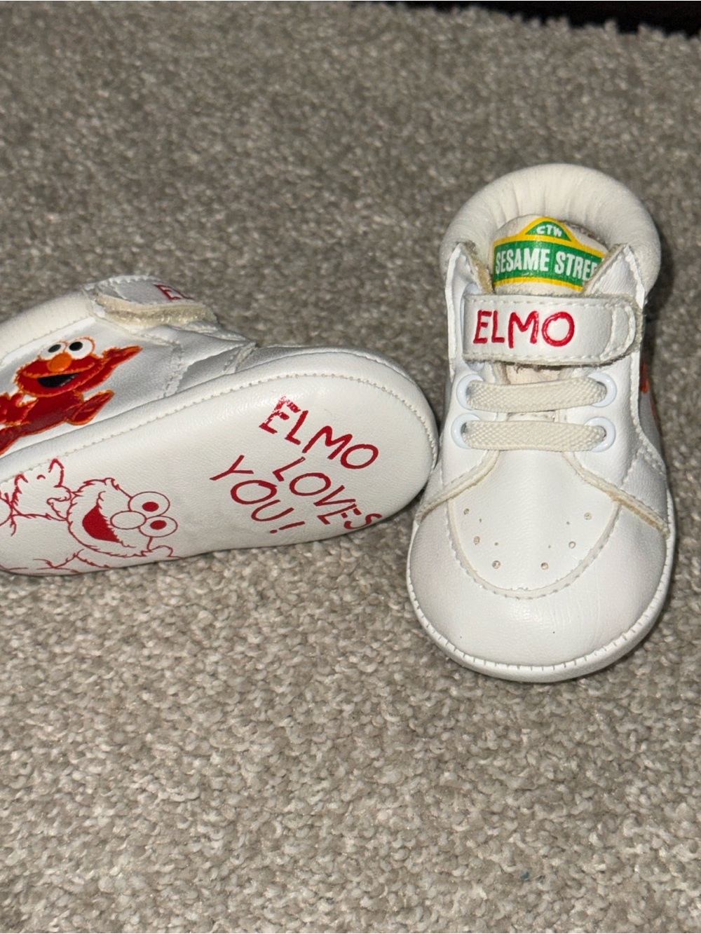Vintage Sesame Street Elmo White Baby Walker Shoes with Red Elmo Graphics